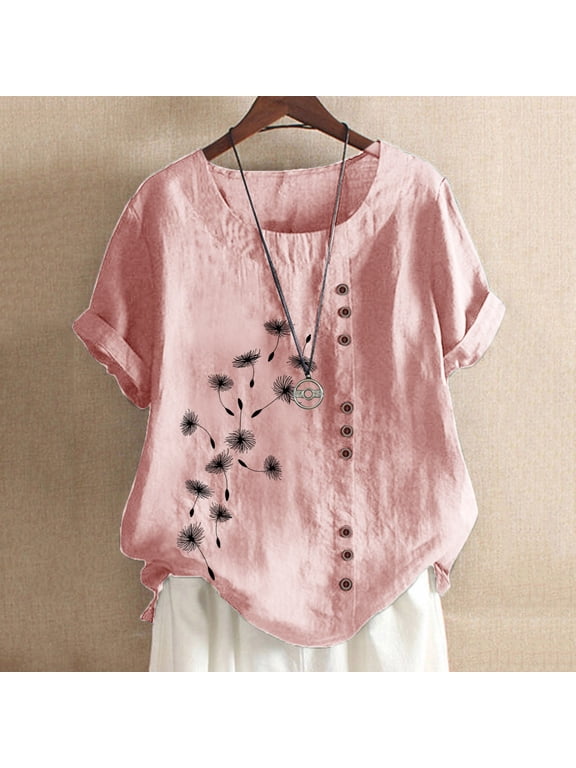 Women Plus Size T-Shirt Blouse Sawvnm Women's Summer Casual Round Neck Short Sleeve Printing Loose Shirt Tops Summer Blouses Pink 5XL