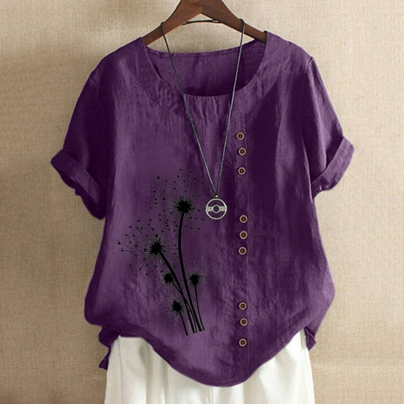 Plus Size Women Blouses Sawvnm Women's Summer Casual Round Neck Short Sleeve Printing Loose Shirt Tops for Women Purple M