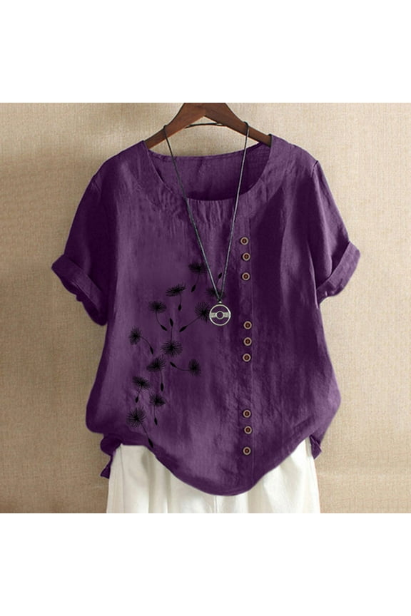 Women Blouses Sawvnm Women's Summer Casual Round Neck Short Sleeve Printing Loose Shirt Tops Summer Blouses Purple S