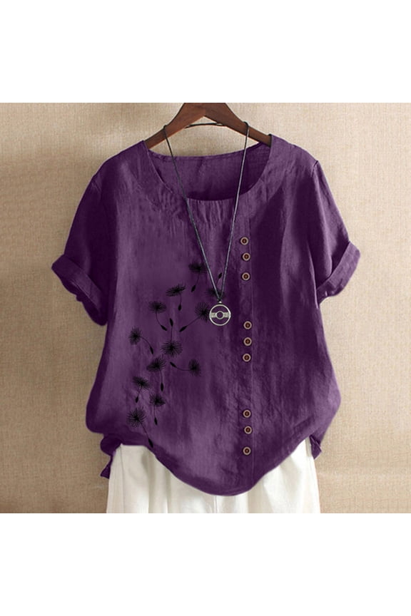 Womens Tank Tops Sawvnm Women's Summer Casual Round Neck Short Sleeve Printing Loose Shirt Tops Summer Blouses Purple 2XL