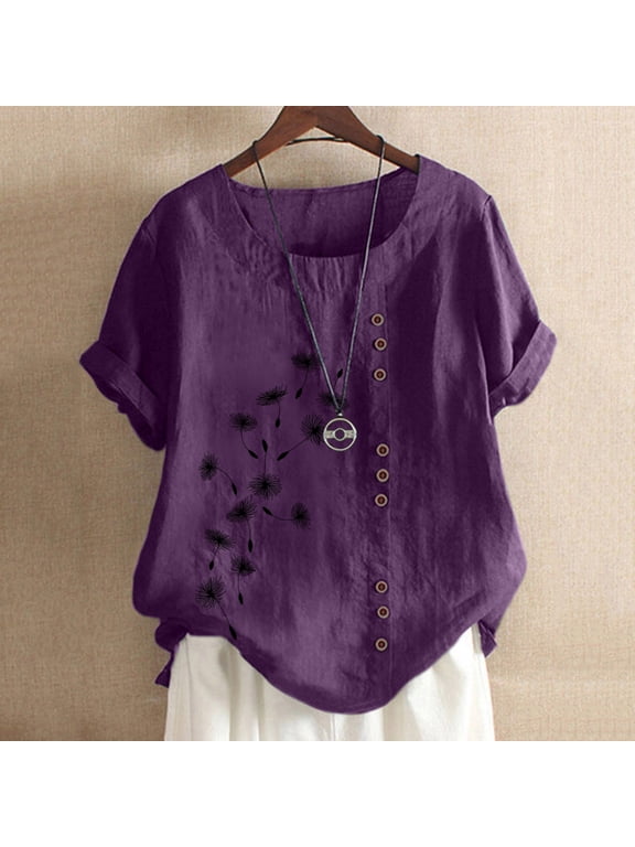 Boho Tops for Women Sawvnm Women's Summer Casual Round Neck Short Sleeve Printing Loose Shirt Tops for Women Purple 3XL