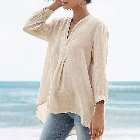 Women Plus Size T-Shirt Blouse Sawvnm Women's Summer Fashion Long Sleeves V-Neck Cotton Line Loose Shirt Blouse for Women Beige L
