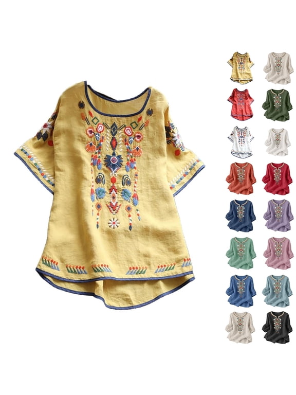 Women Plus Size T-Shirt Blouse Sawvnm Womens Spring Summer Color Casual Loose Fashion T-Shirt Short Sleeve Round Neck Embroidery Tops Cotton And Linen Blouse for Women Yellow XXXL
