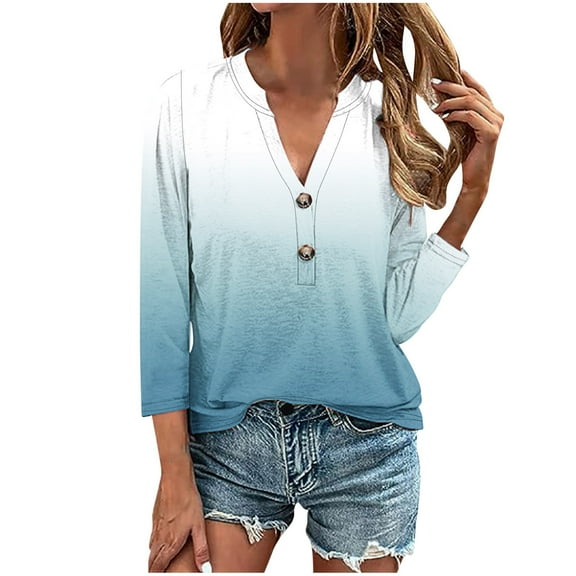 Women Plus Size T Shirts Casual 3/4 Sleeve Button Graphic Tees V Neck Print Pullover Oversized Loose Everyday Comfort Tops, Sky Blue, XXXL