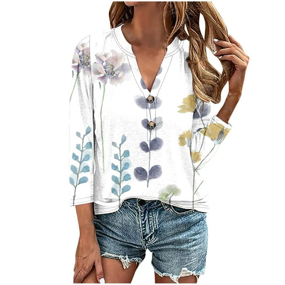 Women Plus Size T Shirts Casual V Neck 3/4 Sleeve Graphic Tees Button Print Pullover Oversized Loose Everyday Comfort Tops, White, XXXL