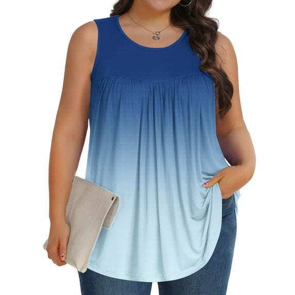 Women Plus Size Tank Tops Gradient Color Pullover Casual Summer Lightweight Flowy Crewneck Sleeveless Lounge Loose Blouse Cool Nice Wide Strap Trendy Spring Relaxed Camisole