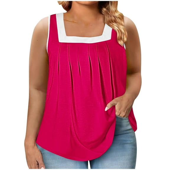 Women Plus Size Tank Tops Summer Casual Square Neck Sleeveless Blouse Shirts Hot Pink,XXXXXL
