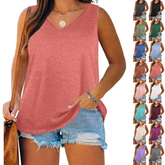 Women Plus Size Tank Tops V Neck Sleeveless Solid Color Blouse Summer Casual Loose Comfy Basic Shirts (XL, Pink)