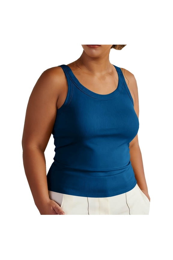 Women Plus Size Tank Tops with Built in Bra Ribbed Soft Sleeveless Wide Strap Camisole Workout Basic Undershirt (3XL, Blue)