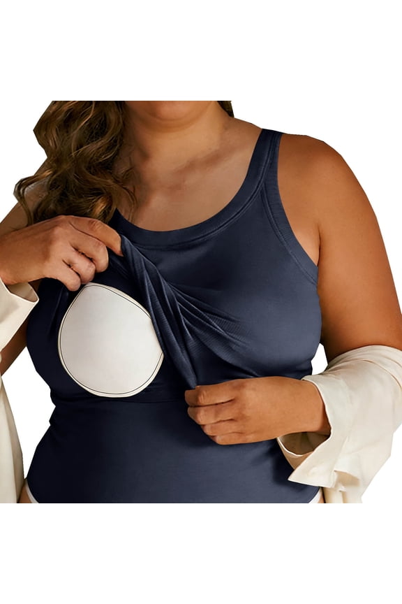 Women Plus Size Tank Tops with Built in Bra Ribbed Soft Sleeveless Wide Strap Camisole Workout Basic Undershirt (3XL, Navy)