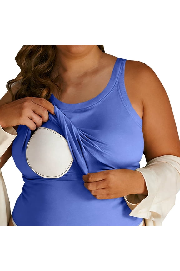 Women Plus Size Tank Tops with Built in Bra Ribbed Soft Sleeveless Wide Strap Camisole Workout Basic Undershirt (4XL, Blue 01)