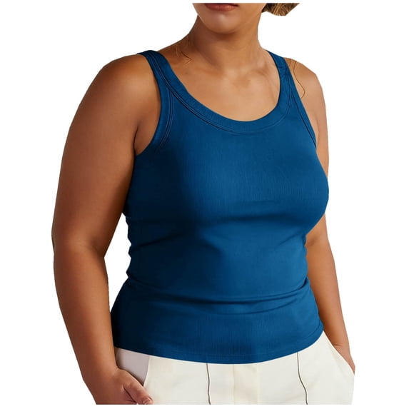 Women Plus Size Tank Tops with Built in Bra Ribbed Soft Sleeveless Wide Strap Camisole Workout Basic Undershirt (4XL, Blue)
