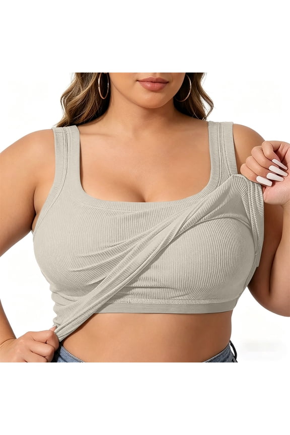 Women Plus Size Tank Tops with Built in Bra Tops for Large Bust Summer Sleeveless Basic Tank Top Ribbed Fitted Shirts