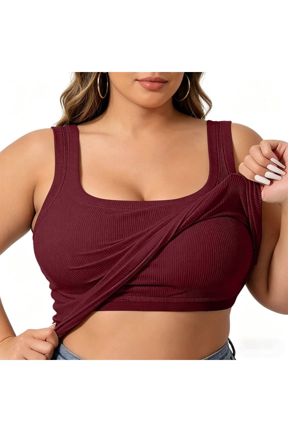Women Plus Size Tank Tops with Built in Bra Tops for Large Bust Summer Sleeveless Basic Tank Top Ribbed Fitted Shirts