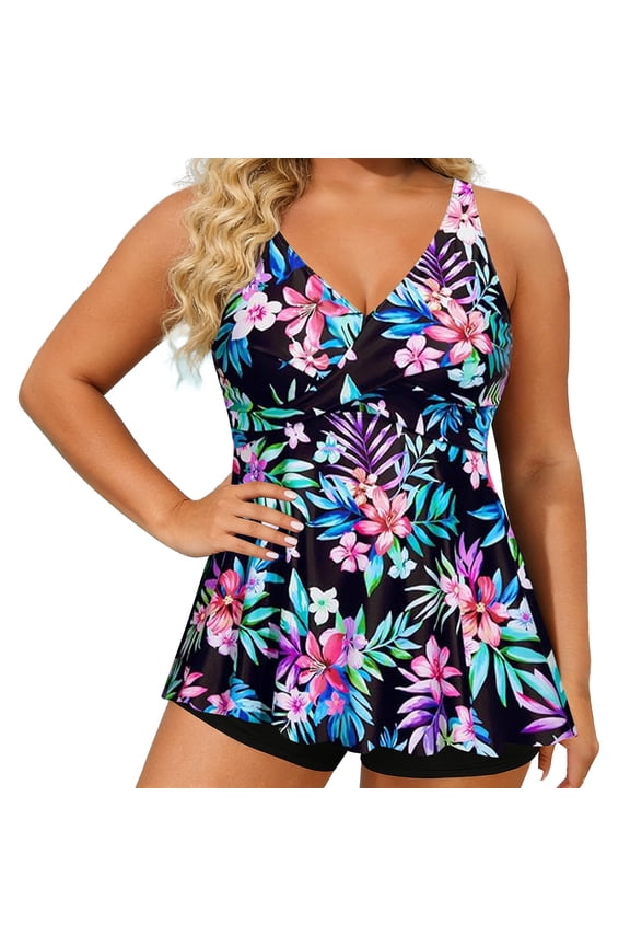 Women Plus Size Tankini Top Only Bathing Top Sleeveless Tanks Floral Print Beach Pool,Navy,SIZE 18