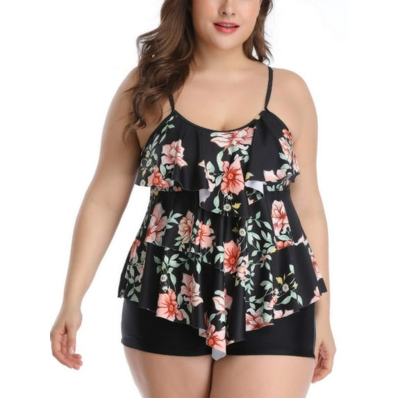 Women Plus Size Tankini Swimsuits 2 piece Tummy Control Bathing Suit Ruffled Flounce Swimsuit With Shorts