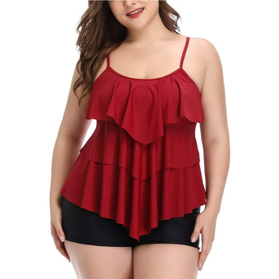 Women Plus Size Tankini Swimsuits Tummy Control Two Piece Bathing Suit Ruffled Flounce Swimwear with Shorts