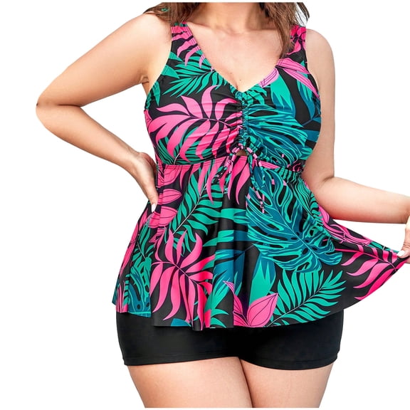 Women Plus Size Tankini Swimsuits Tummy Control Two Piece Bathing Suit Ruffled Flounce Swimwear