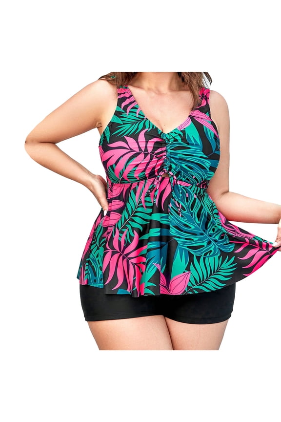 Women Plus Size Tankini Swimsuits Tummy Control Two Piece Bathing Suit Ruffled Flounce Swimwear