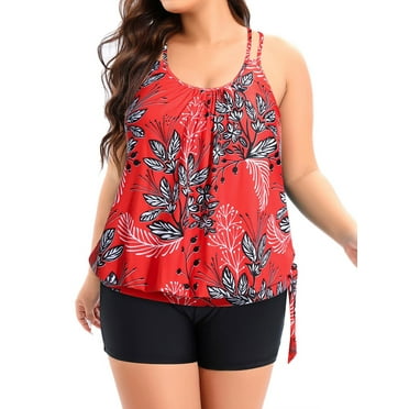 Women Plus Size Tankini Swimsuits Two Piece Tummy Control Criss Cross Back Bathing Suits with Boyshorts