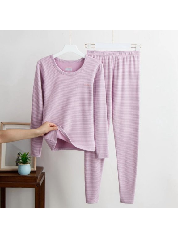 Women Plus Size Thermal Underwear Set Cashmere Silk Thermal Clothing Set, Striped Thermal Underwear for Women, Base Layer Top and Bottom Set L-3XL