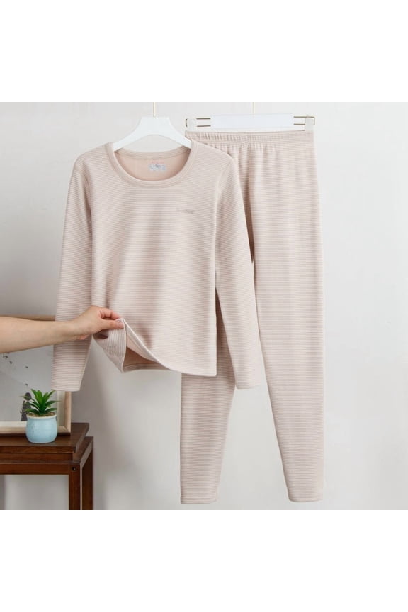 Women Plus Size Thermal Underwear Set Cashmere Silk Thermal Clothing Set, Striped Thermal Underwear for Women, Base Layer Top and Bottom Set L-3XL