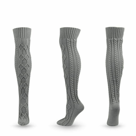 Women Plus Size Thigh High Socks New Fall Winter Women Striped Solid Color Thickening Knit Over-the-Knee Stockings Style B-60 Gray One Size