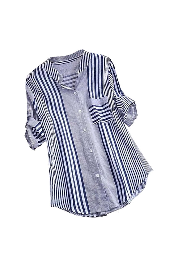 Women Plus Size Three Quarter Striped Print V-Neck Loose Fit Top T-Shirt Blouse