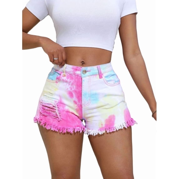 Women Plus Size Tie Dye Jean Shorts Ripped Distressed Shorts Frayed Raw Hem Stretchy Denim Shorts Pink 0XL