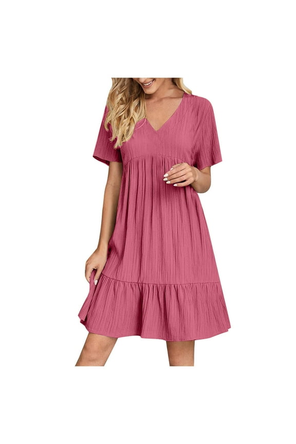 Women Plus Size Tiered Dresses Summer Short Sleeve Ruffle Dress Casual Babydoll V Neck Ladies Dresses Hot Pink, 3XL