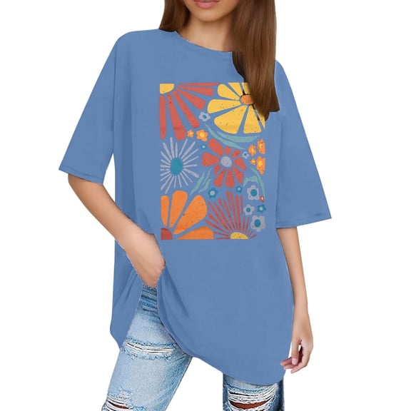 Women Plus Size Tops Boho Wildflower Graphic Short Sleeved Round Neck T Shirts 2025 Summer Vacation Casual Relaxed Fit Tees