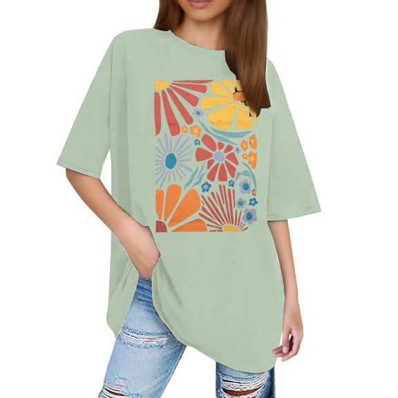 Women Plus Size Tops Boho Wildflower Graphic Short Sleeved Round Neck T Shirts 2025 Summer Vacation Casual Relaxed Fit Tees