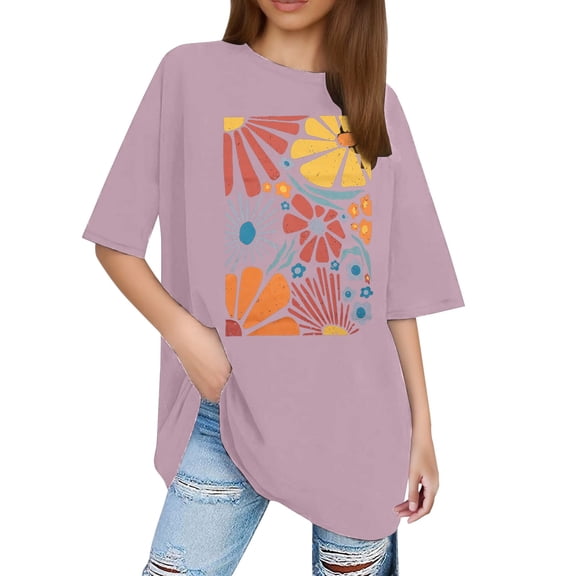 Women Plus Size Tops Boho Wildflower Graphic Short Sleeved Round Neck T Shirts 2025 Summer Vacation Casual Relaxed Fit Tees