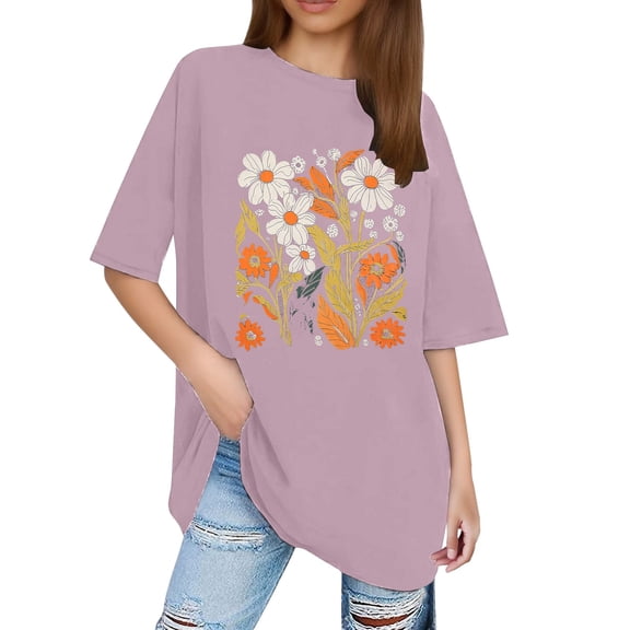 Women Plus Size Tops Boho Wildflower Graphic Short Sleeved Round Neck T Shirts 2025 Summer Vacation Casual Relaxed Fit Tees