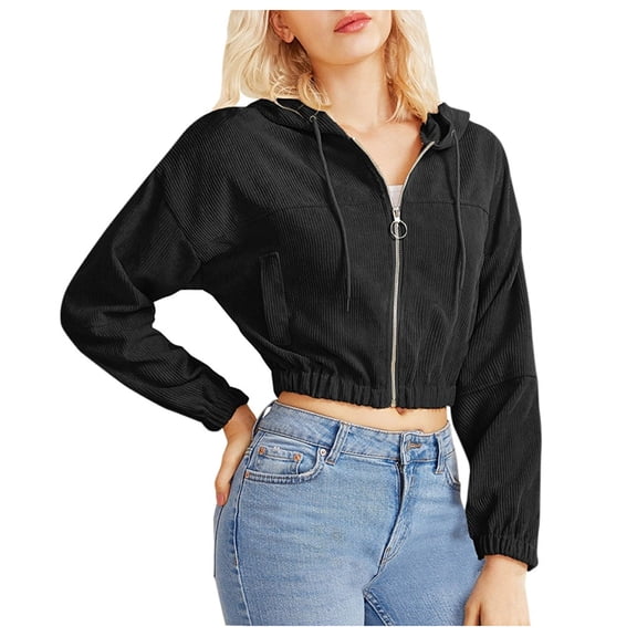 Women Plus Size Tops Casual Loose Corduroy Zip-Up Pockets Pullover Shirt Hooded Sweatshirt Solid Color Cropped Tops,Black,L
