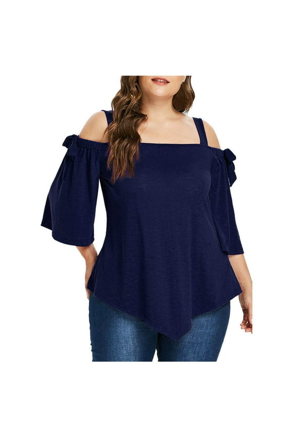 Women Plus Size Tops Cold Shoulder Short Sleeve Batwing Top Elegant Asymmetrical Hem Blouse Solid Loose Tunic Shirts Navy XXL