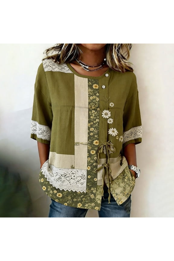 Women Plus Size Tops Crewneck 3/4 Sleeve Button Shirts Drawstring Waist Summer Casual Loose Vacation Printed Tops,Sizes S-5XL