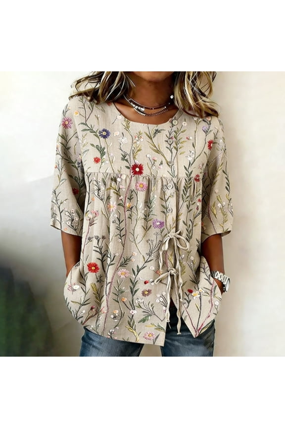 Women Plus Size Tops Crewneck 3/4 Sleeve Button Shirts Drawstring Waist Summer Casual Loose Vacation Printed Tops,Sizes S-5XL
