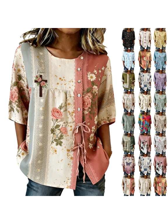 Women Plus Size Tops Crewneck 3/4 Sleeve Button Shirts Drawstring Waist Summer Casual Loose Vacation Printed Tops,Sizes S-5XL