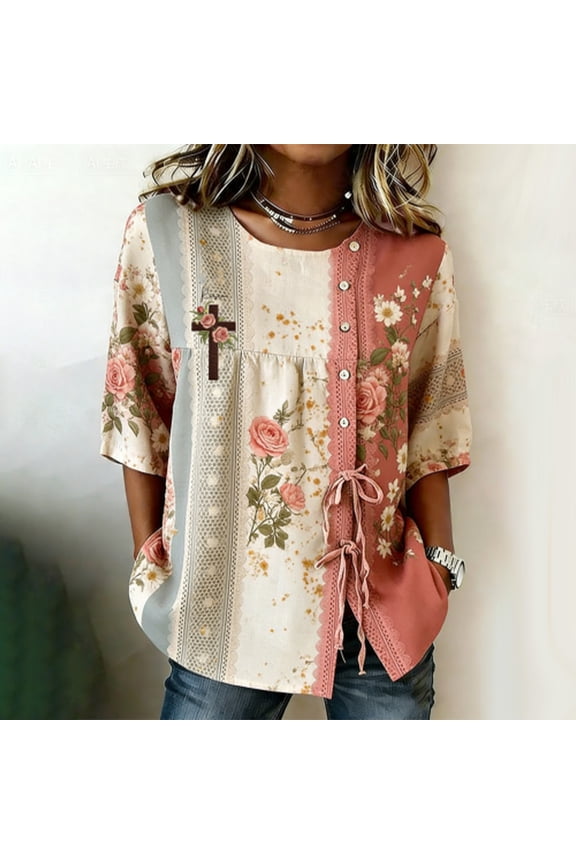 Women Plus Size Tops Crewneck 3/4 Sleeve Button Shirts Drawstring Waist Summer Casual Loose Vacation Printed Tops,Sizes S-5XL