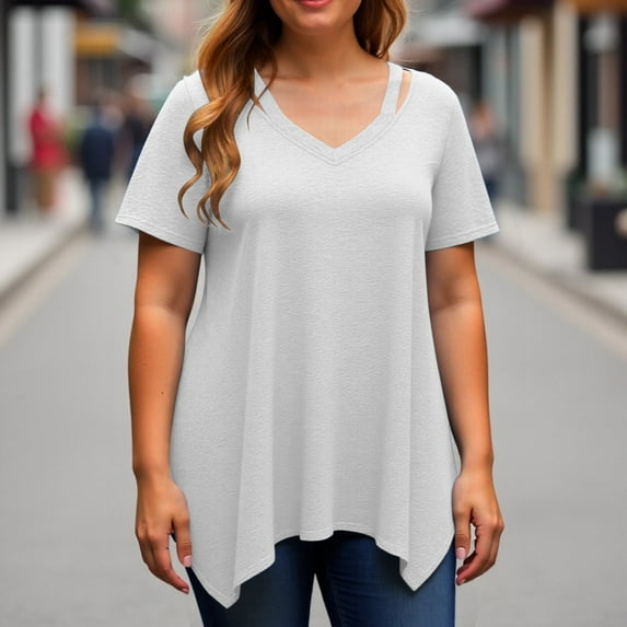 Women Plus Size Tops Cut Out V Neck 3/4 Sleeve Blouses Dressy Casual Tunic Tops To Wear With Leggings Woman Tee Athletic Short Sleeve Shirt Women Small Long Sleeve Shirt Tee for Women Short Sleeve