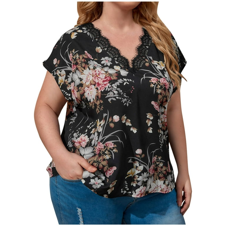 Women Plus Size Tops Fashion Lace V-Neck Short Sleeve Boho Floral T-Shirt  Summer Daily Casual Tees Blouse Pullover