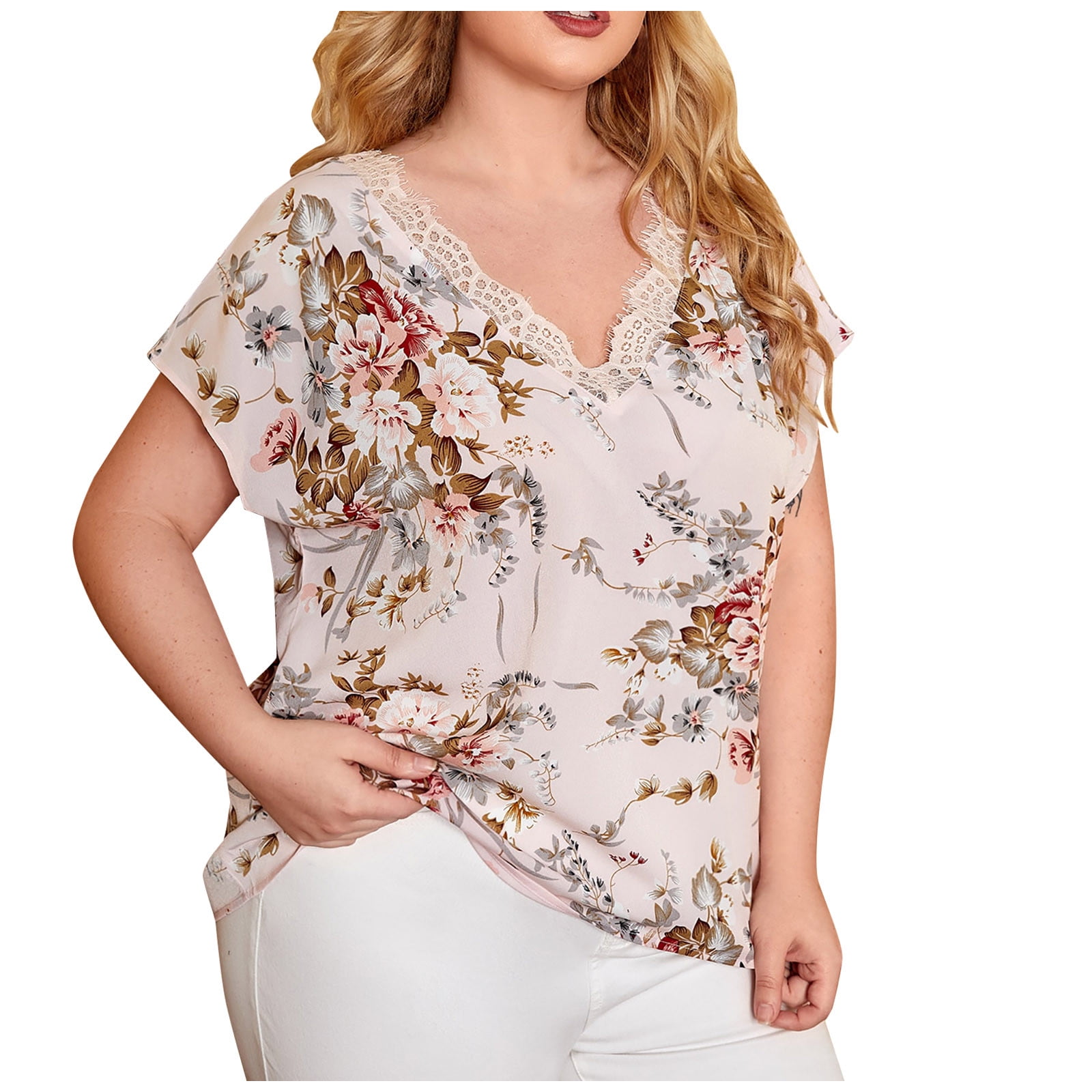 Women Plus Size Tops Fashion Lace V-Neck Short Sleeve Boho Floral T-Shirt  Summer Daily Casual Tees Blouse Pullover 