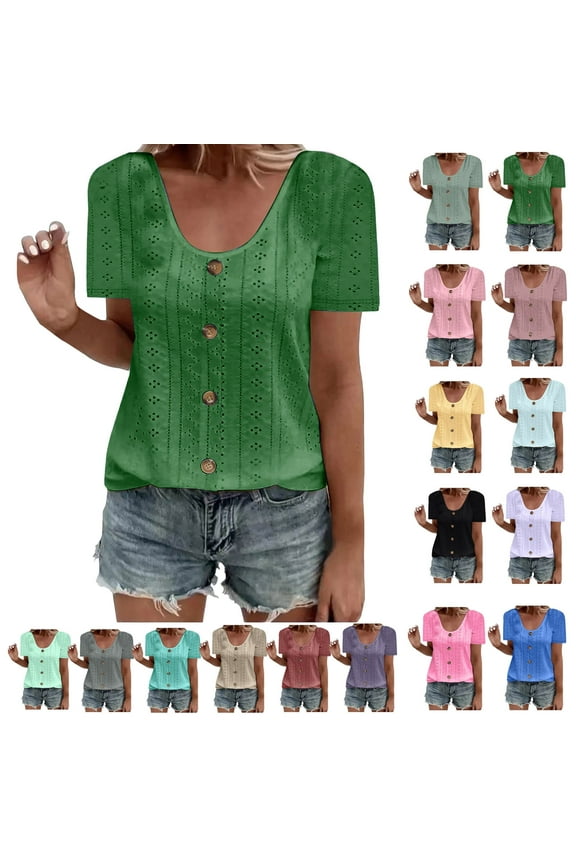 Women Plus Size Tops Ndbuld Womens Fashion Summer Short Sleeve Round-Neck Solid Casaul Tops T-shirt The Hottest Gift Green 3XL