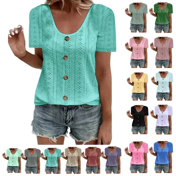 Women Plus Size Tops Ndbuld Womens Fashion Summer Short Sleeve Round-Neck Solid Casaul Tops T-shirt The Hottest Gift Sky Blue 3XL