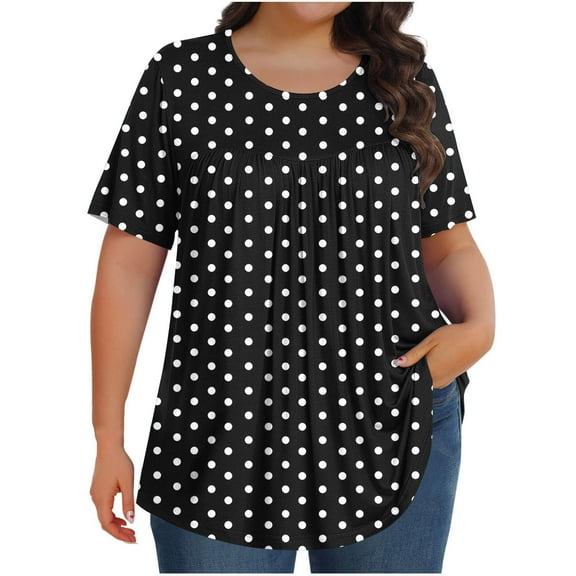 Women Plus Size Tops Polka Dot Print Shirt Round Neck Short Sleeve T-Shirt Pleated Front Blouses Womens Summer Tops Dressy Casual
