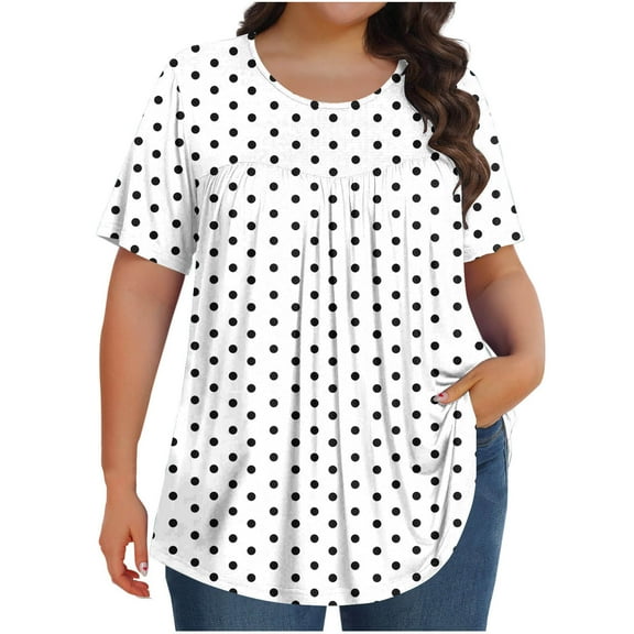 Women Plus Size Tops Polka Dot Print Shirt Round Neck Short Sleeve T-Shirt Pleated Front Blouses Womens Summer Tops Dressy Casual