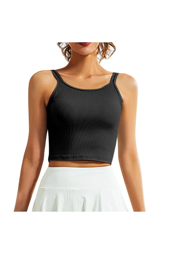 Women Plus Size Tops Round Neck Double Shoulder Strap Soft High Elastic Breathable U-shaped Beautiful Back Fixed Chest Pad Sports Black M