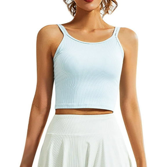 Women Plus Size Tops Round Neck Double Shoulder Strap Soft High Elastic Breathable U-shaped Beautiful Back Fixed Chest Pad Sports Blue S