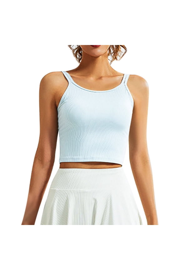 Women Plus Size Tops Round Neck Double Shoulder Strap Soft High Elastic Breathable U-shaped Beautiful Back Fixed Chest Pad Sports Blue S